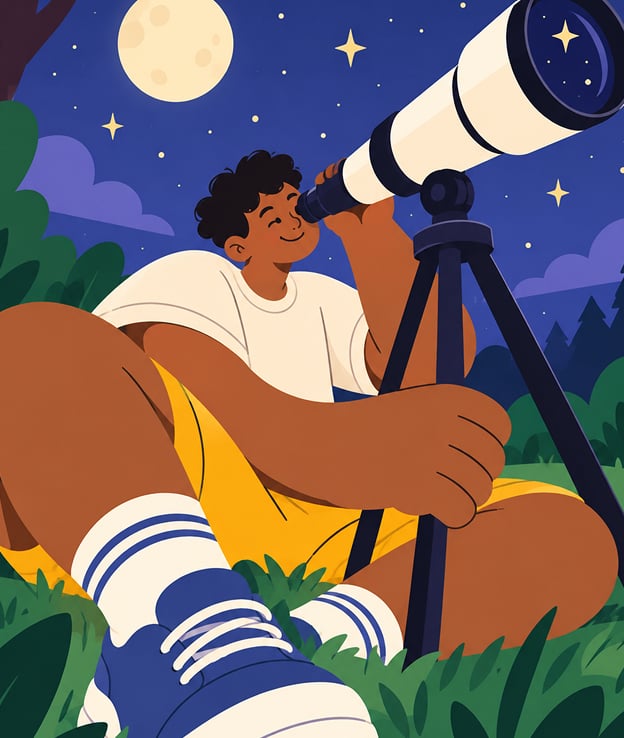 A boy looking through a telescope at the night sky