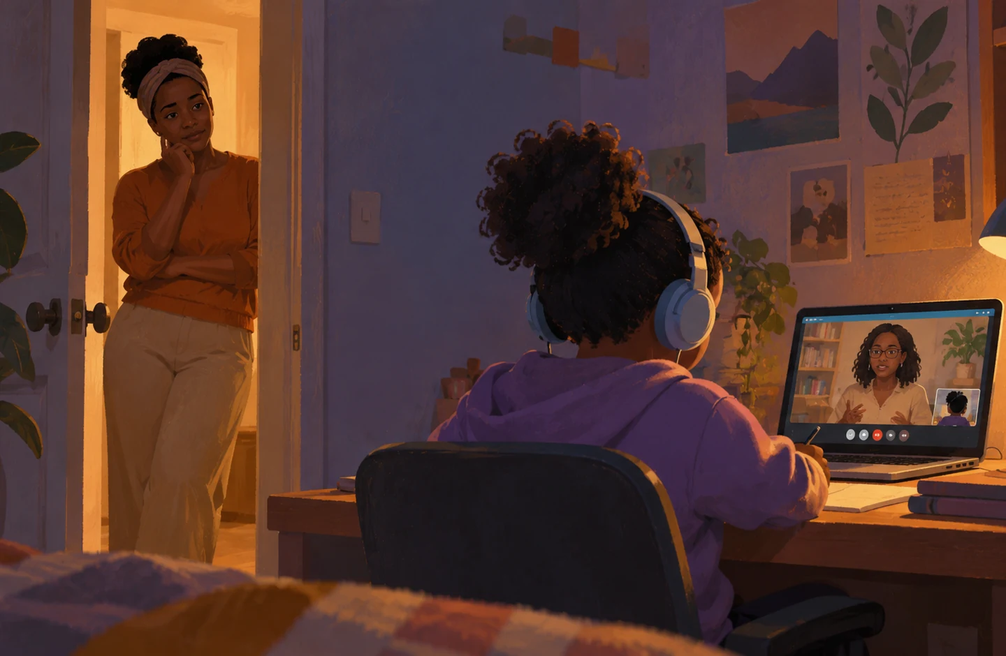 A parent watches from the doorway as her daughter takes an online tutoring session at her desk