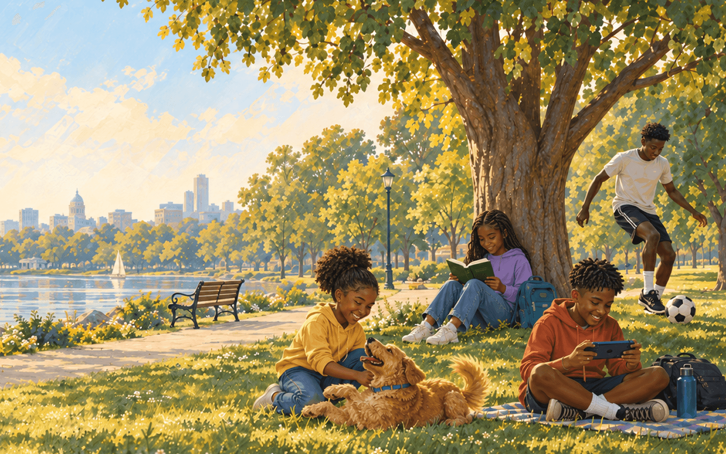 Children reading, playing football and relaxing with a dog in a sunny park